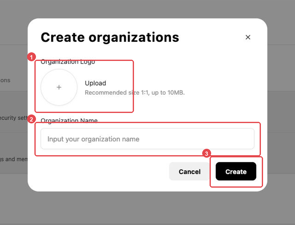 Create organization dialog