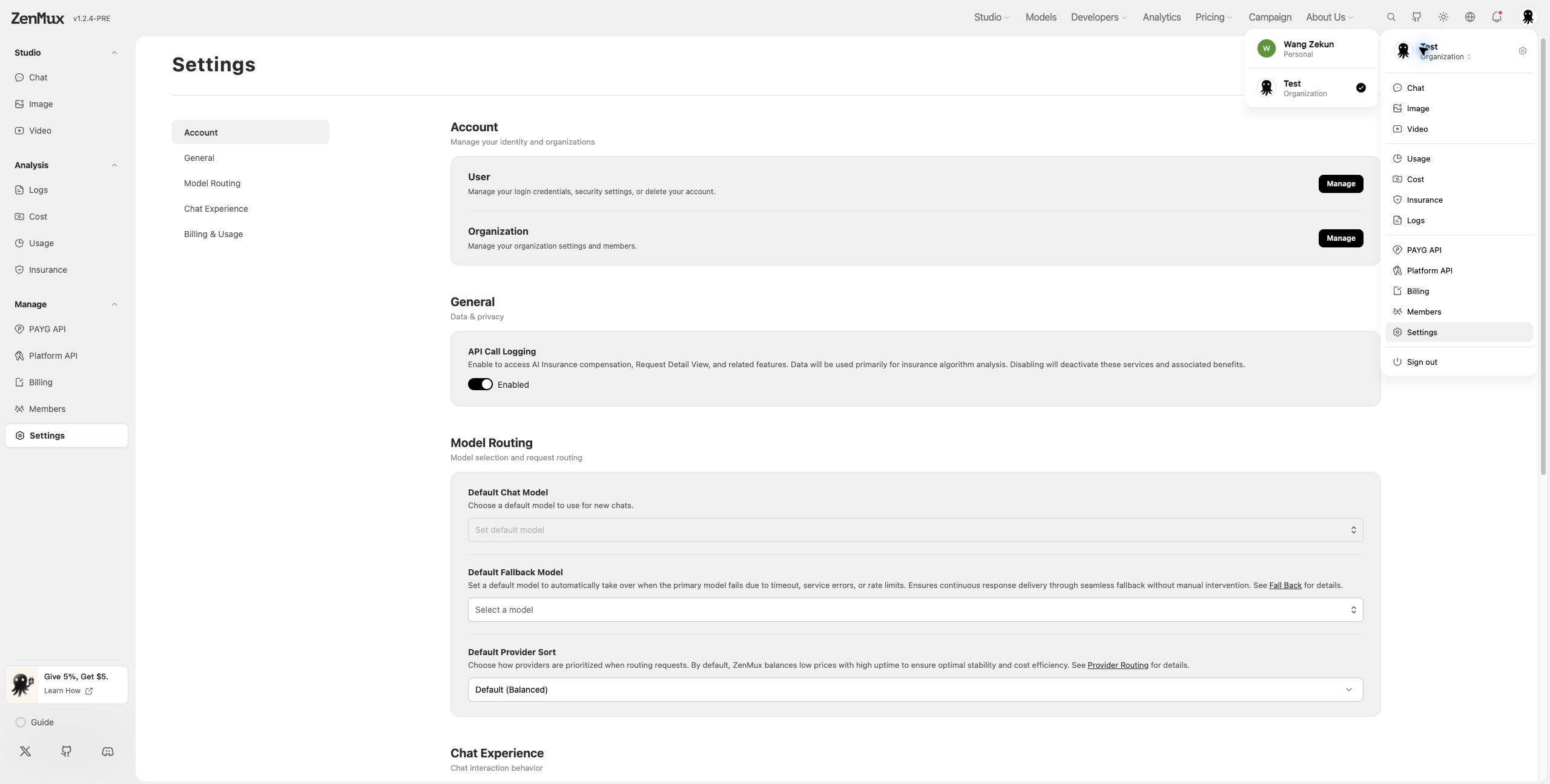 Switch between personal and organization accounts