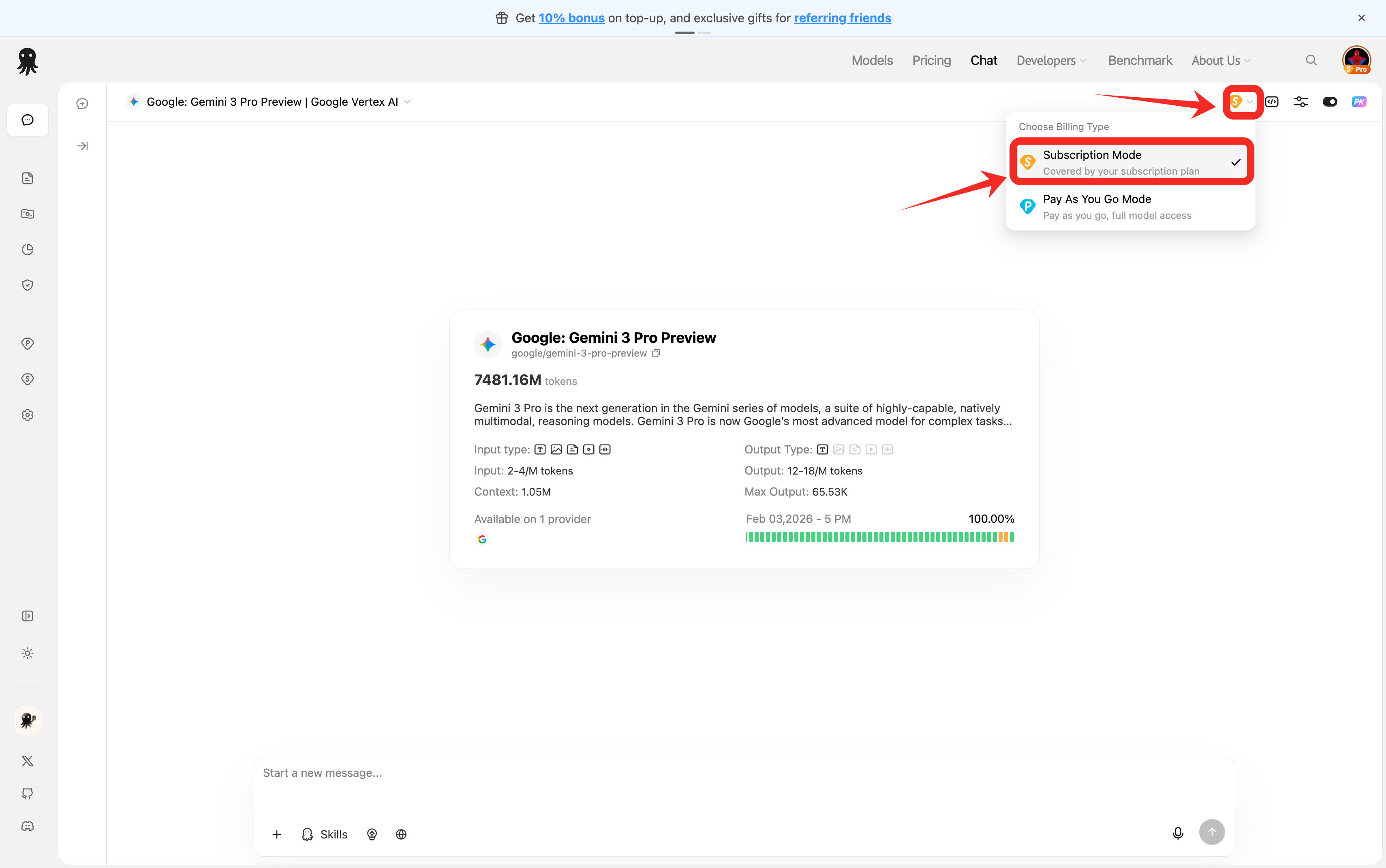 Switching billing modes in Studio Chat