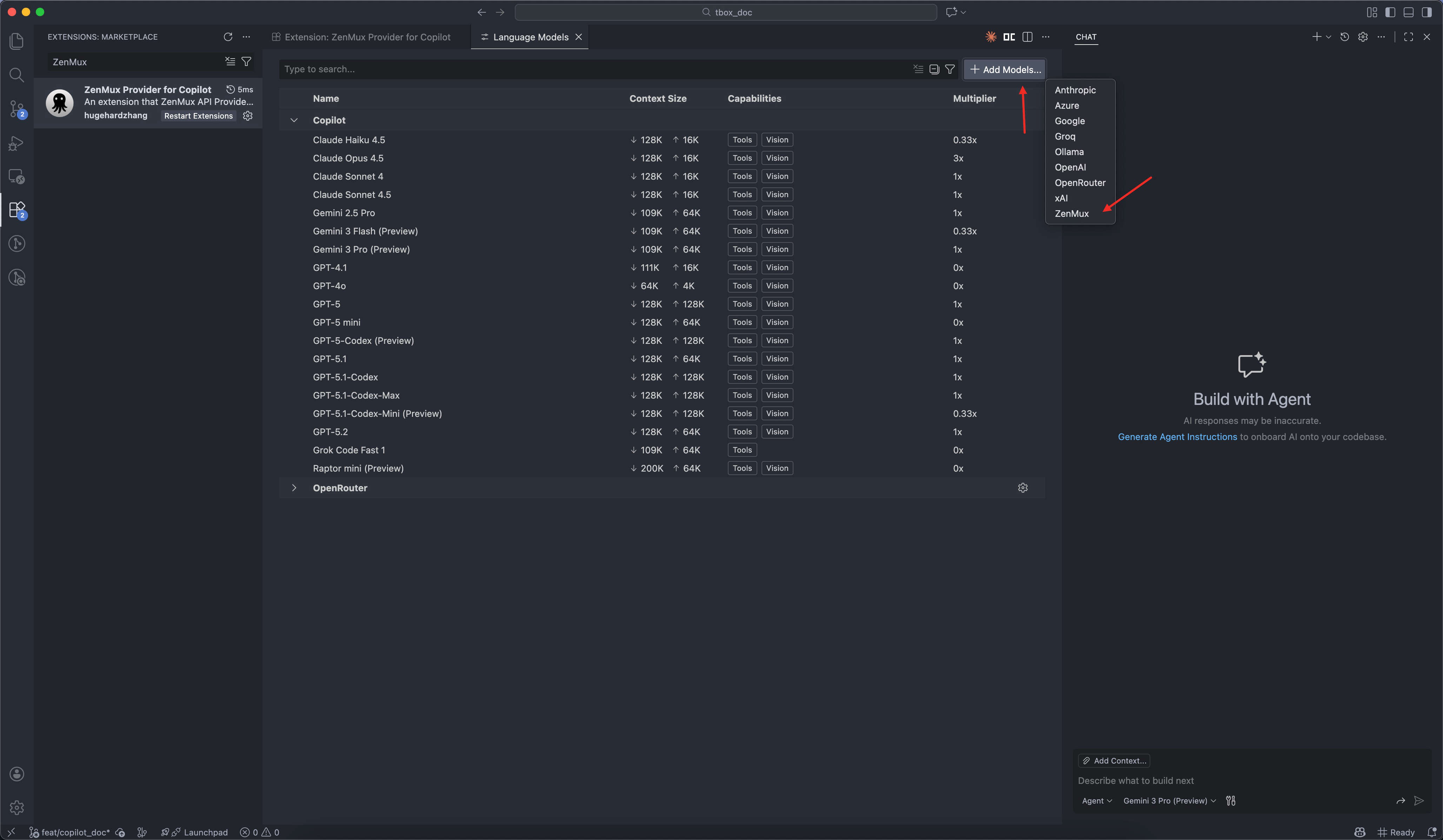 Manage models in Copilot Chat and add 开桥 provider